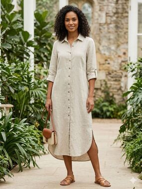Charlie B 100% Linen Maxi Shirt Dress Made in Italy Roll Tab Sleeve Tan Medium M